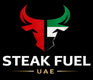 A black square graphic featuring a stylized bull head logo split vertically into red on the left and green/white/black on the right, with the text 'STEAK FUEL' in large white letters and 'UAE' in smaller gold letters below.